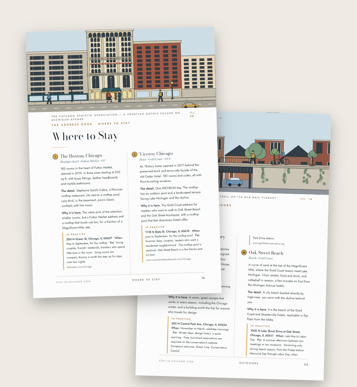 Two plates from The Chicago City Guide, Where to Stay and Outdoors, with their illustrations
