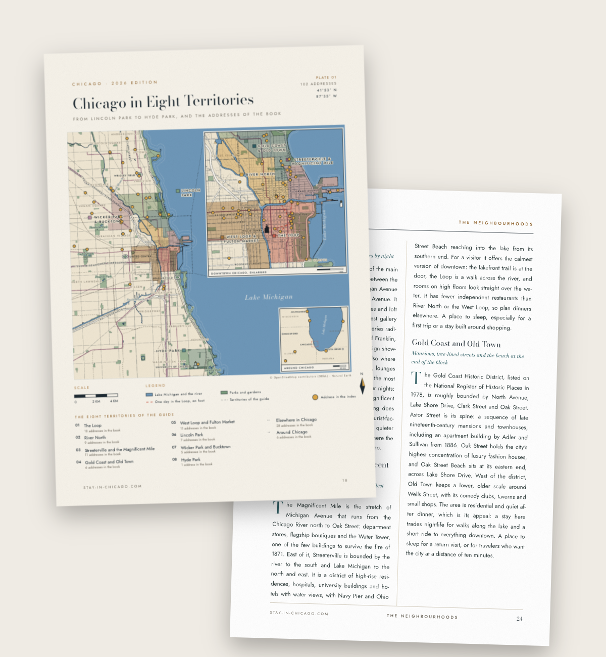 The map of the eight territories in The Chicago City Guide, with the addresses of the book