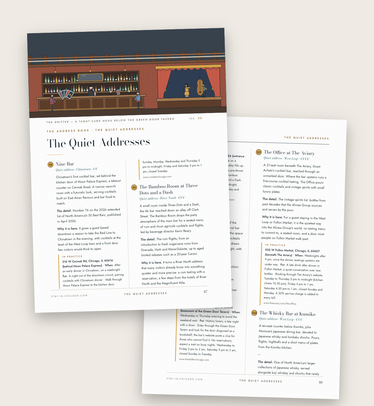 Two plates from The Quiet Addresses chapter, with the reason each address is in the guide